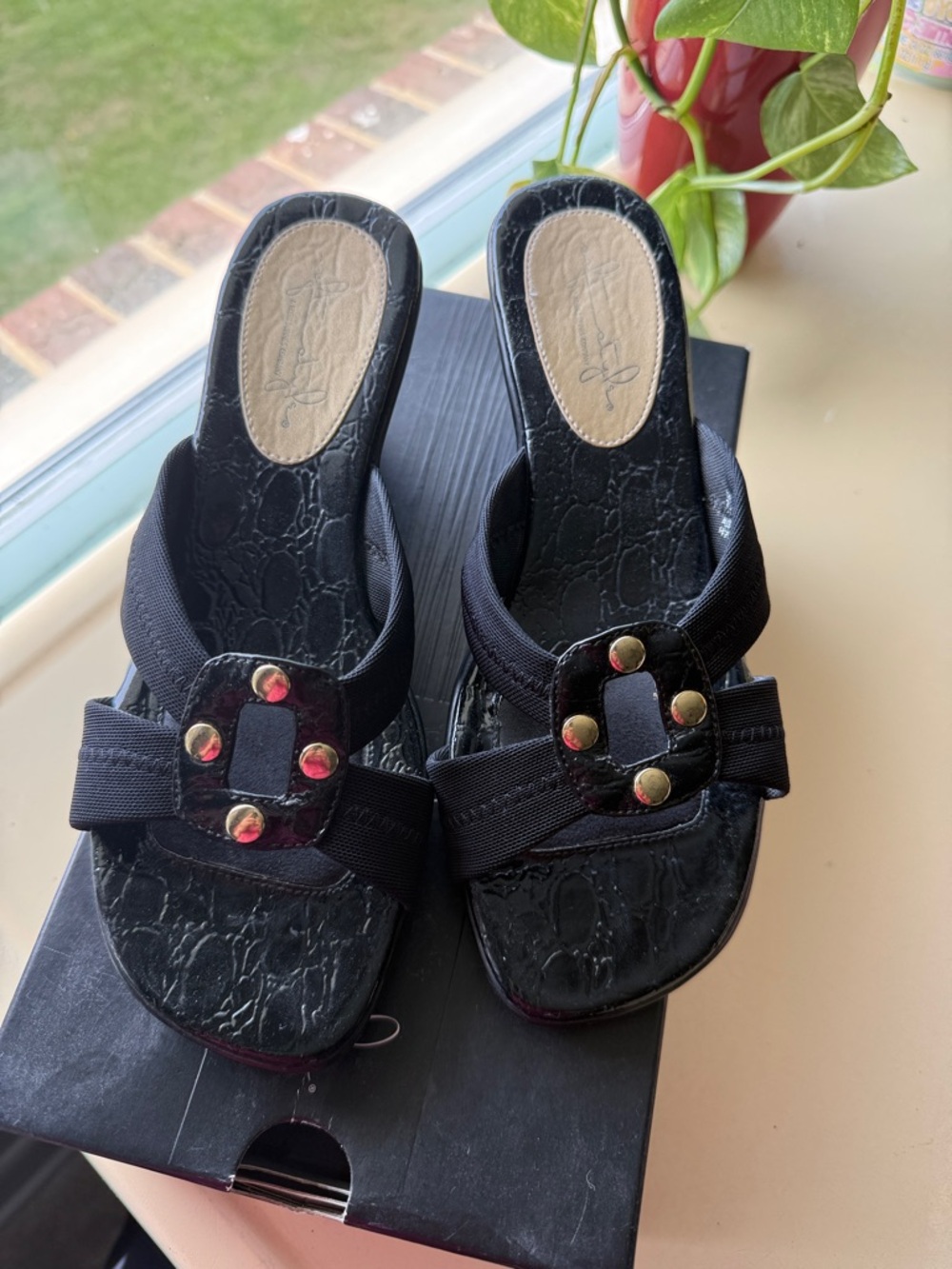 Soft Style Black Slip-On Sandles  with Gold Stud Accents